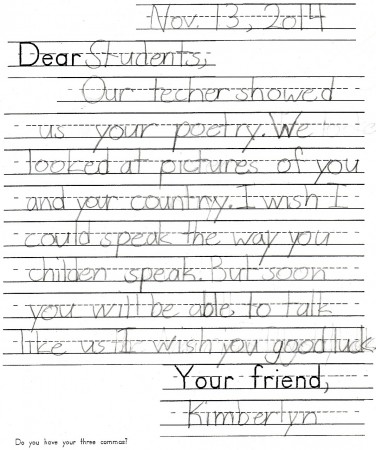 A letter from Kimberlyn from Vermont Elementery School
